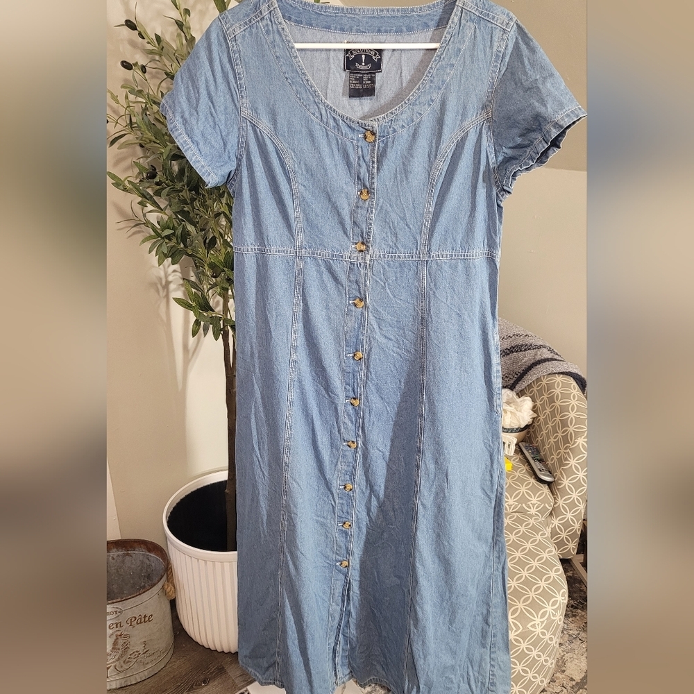 Vintage Solutions Cottage Core Button Down Denim Short Sleeve Maxi Dress Y2K